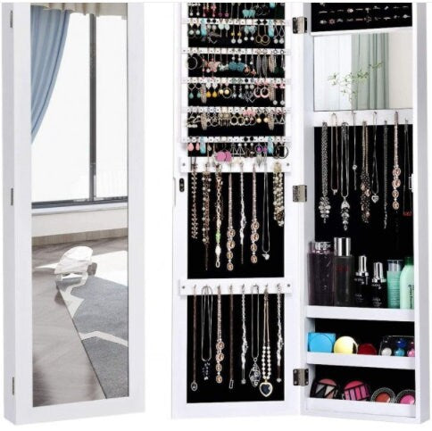 Wall Door Mounted Mirrored Jewelry Cabinet Storage Organizer 6 Lined Shelve for Holding Earrings. 25 Hooks for Hanging Necklace and Bracelet