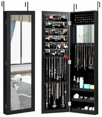 Wall Door Mounted Mirrored Jewelry Cabinet Organizer 6 Lines for Finger Earring, 1 make-up Mirror, 40 Ring Slots, 25 Hooks, 3 Storage Racks