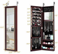 Wall Door Mounted Mirrored Jewelry Cabinet Organizer 6 Lined Shelves Designed for Holding Earrings, 25 Hooks, 40 Ring Slots, 3 Shelves