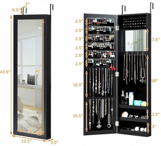Wall Door Mounted Mirrored Jewelry Cabinet Organizer 6 Lines for Finger Earring, 1 make-up Mirror, 40 Ring Slots, 25 Hooks, 3 Storage Racks