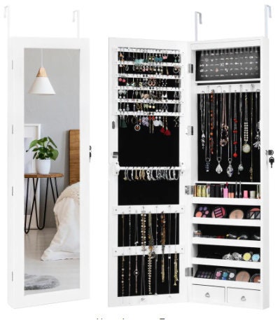 Wall Door Mounted Mirror Jewelry Box Cabinet Lockable Armoire Organizer with LED Light Perfet for Jewelry Organizer
