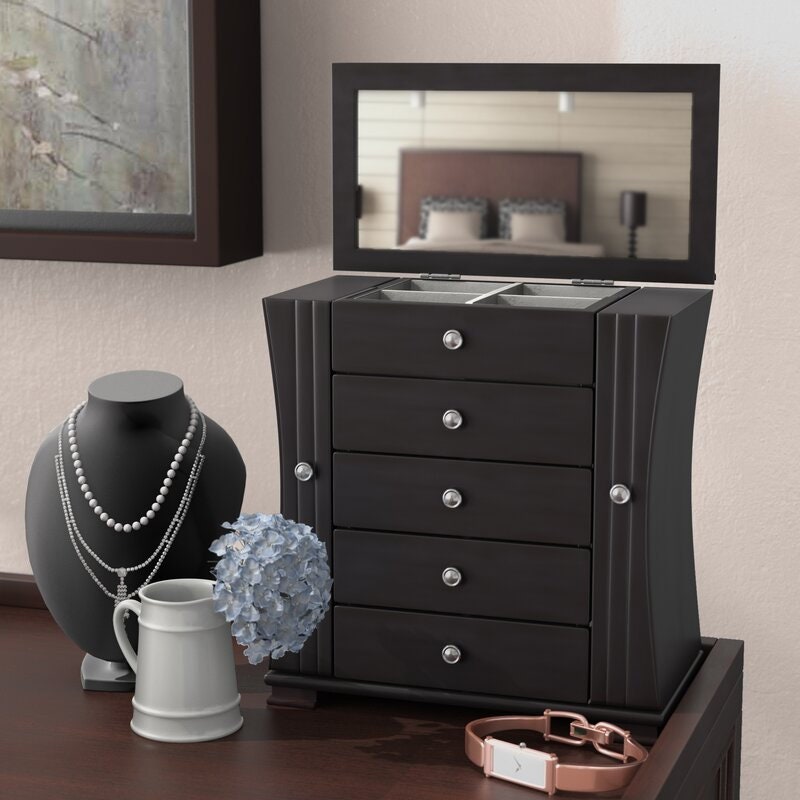 Rectangle Jewelry Box Two Shaped Swing-Out Doors with Necklace Hooks and Four Drawers. Try Setting it on Your Master Suite Dresser