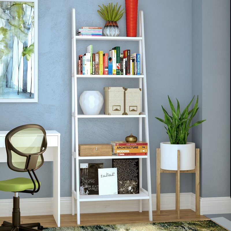 Solid Wood Ladder Bookcase Makes Stylish Home for Your Books and Can Also Be Used to Display Framed Photos and Favorite Potted Plants