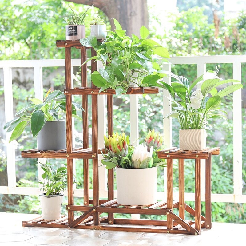Free Form Multi-Tiered Solid Wood Plant Stand Heavy-Duty Multi-Tier Wood Flower Rack Plant Stand Wood Shelves Bonsai Display Shelf