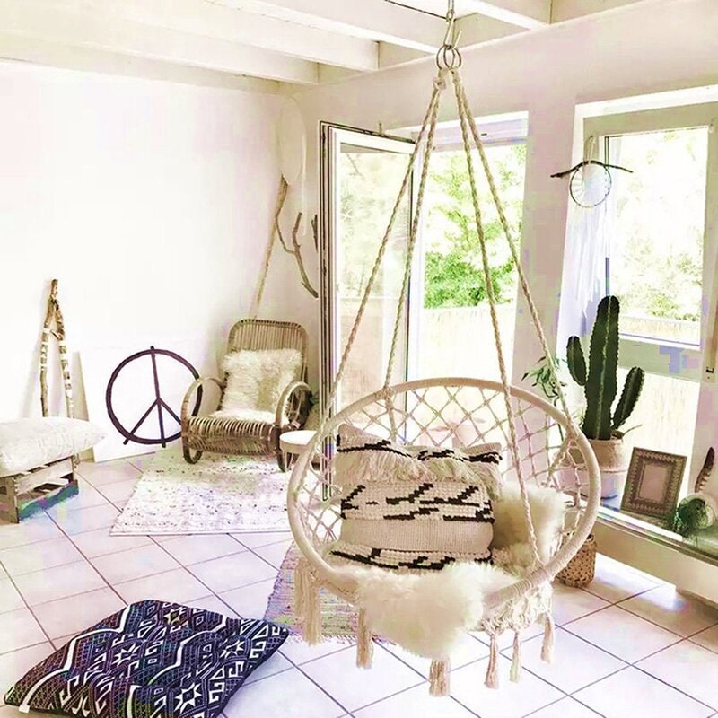 White Hammock Swing Chair Hung on The Porch, Yard, Living Room, Bedroom, Under The Tree, By The Pool. You Can Sit in a Chair and Meditate