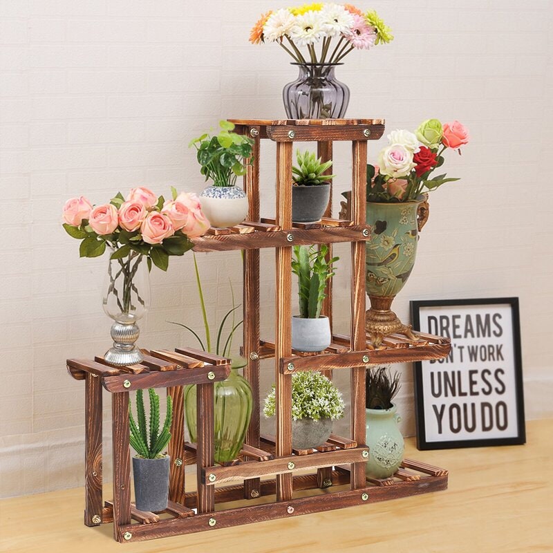 Wooden Tabletop Plant Stand Works for Indoor Living Room or Outdoor Garden Balcony. Multi-Layer Space for Your Favorite Plants