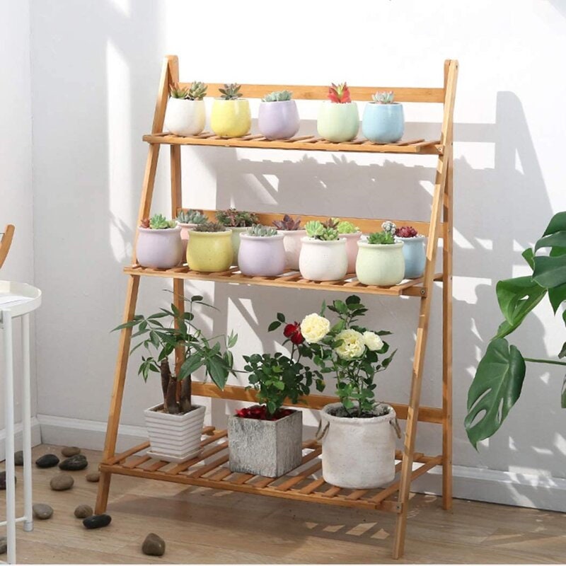 Bamboo Ladder Plant Stand 3 Tier Foldable Plant Display Shelf Rack Flower Pot Stand Organizer For Indoor Outdoor Home Patio Garden Balcony