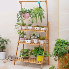 Bamboo Folding Flower Display Rack Ladder Plant Stand Natural  Bamboo, Garden Stand is Moth-Resistant ,Durable. Ladder Design, 3-tier Shelf