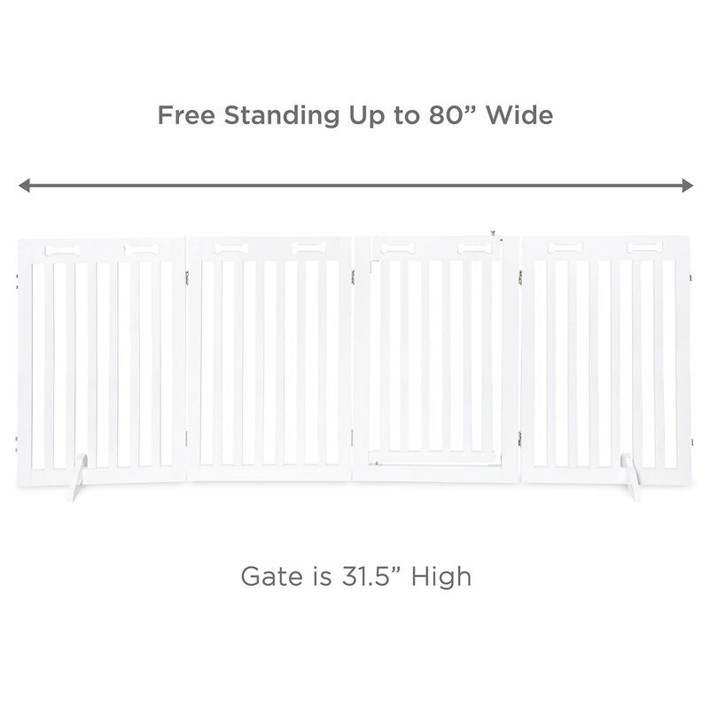 Wood Free Standing Dog Gate 4 Foldable Gate Panels, Including 1 Door Gate, 2 Support Feet, 2 Connecting Rods