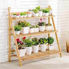 3 Tier Ladder Plant Stand Flower Pot Rack Holder Foldable Planter Shelves Organizer Indoor Home Garden Patio Decors Natural Bamboo