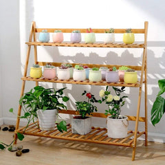 3 Tier Ladder Plant Stand Flower Pot Rack Holder Foldable Planter Shelves Organizer Indoor Home Garden Patio Decors Natural Bamboo