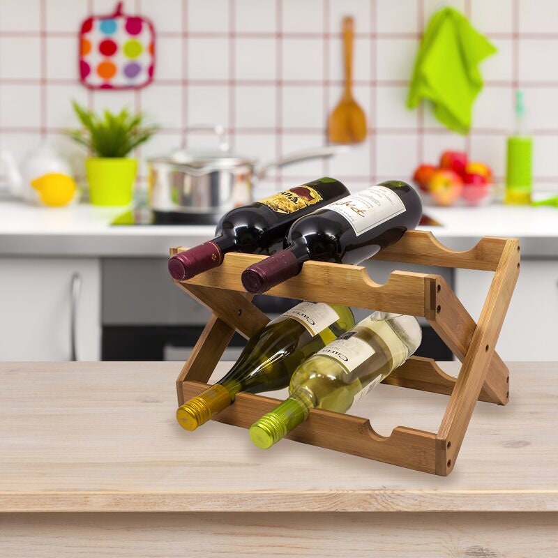 Solid Wood Tabletop Wine Bottle Rack in Bamboo  Contemporary Wine Rack Holds 6 Bottles Rack Individually Horizontally to Keep Corks Moist