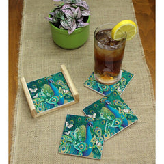 Set of 4 Paisley Peacock Absorbent 5 Piece Coaster Set with Holder Protecting your Tables and Countertops with Permanent Ink