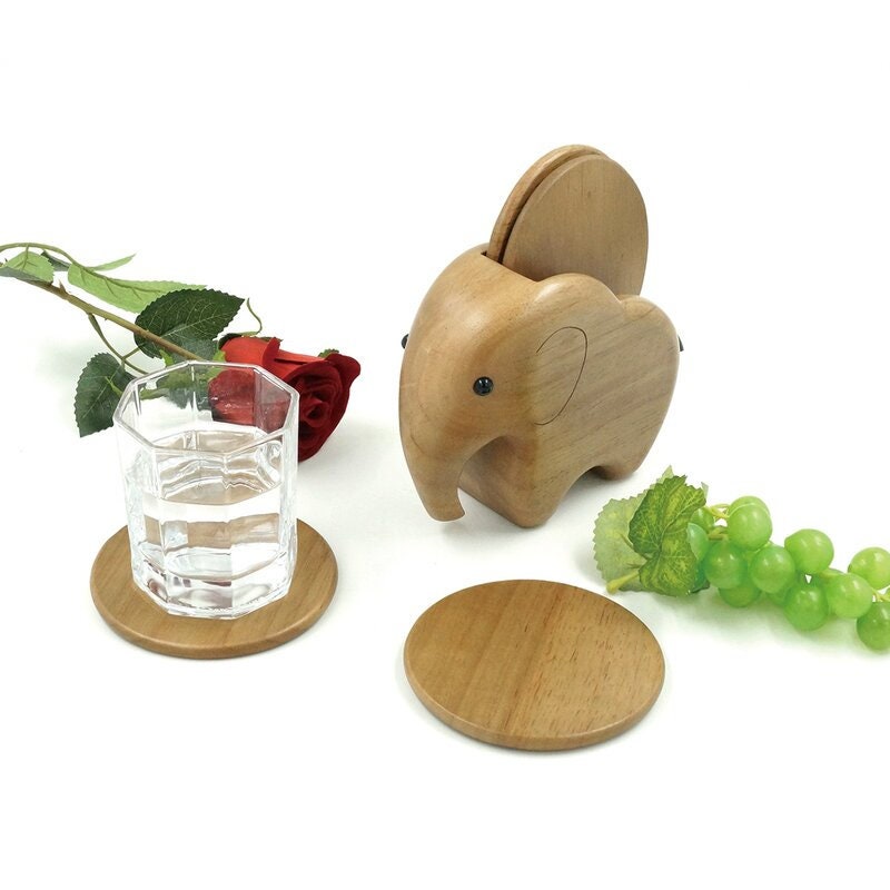 5 Piece Elephant Wooden Coaster Holder Set Unique Design Coaster Perfect for any Table or Decor Elephant Wooden Coaster Holder