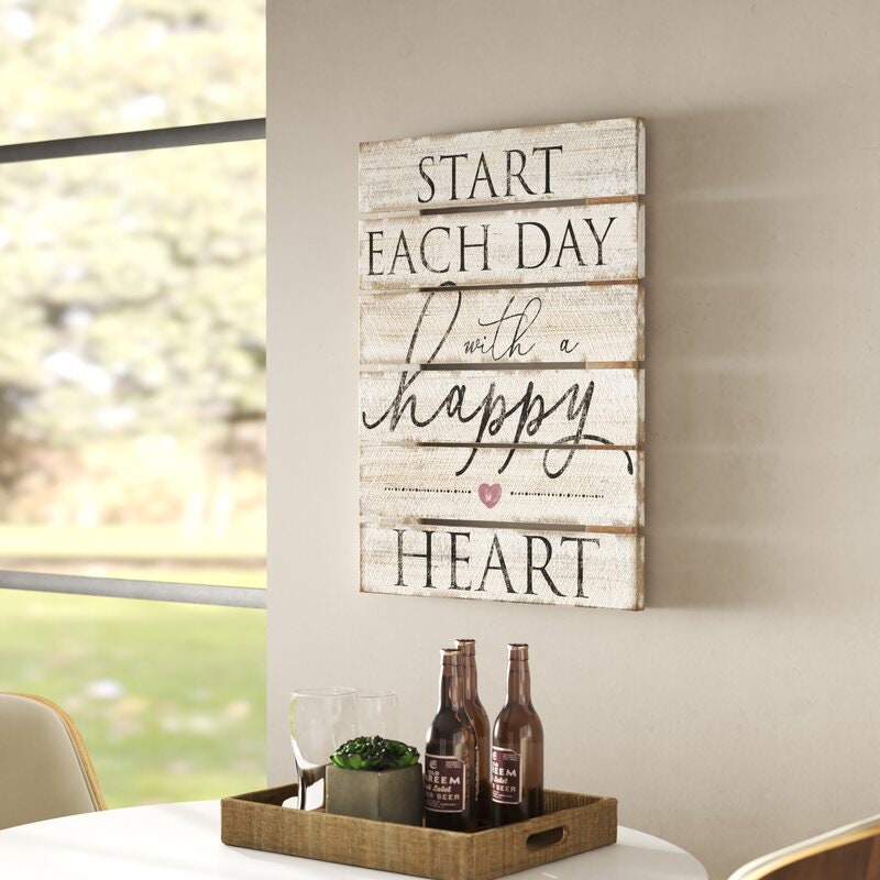 Textual Art on Wood Inspiration with This Textual Art Print “start each day with a happy heart” Perfect for Bedroom, Livingroom Entryay
