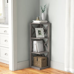 Frost Gray Solid Wood Corner Bookcase Three Open Shelves Provide an Ideal Spot to Keep Decorative Objects or Framed Photos.