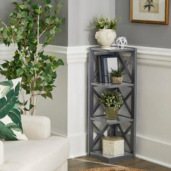 Frost Gray Solid Wood Corner Bookcase Three Open Shelves Provide an Ideal Spot to Keep Decorative Objects or Framed Photos.