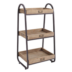 Free-Standing Bathroom Shelves Open Iron Frame and Fir Wood Shelves in a Rustic Brown Three Tiers with Raised Sides