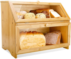 Double Layer Large Bread Box for Kitchen Counter, Wooden Large Capacity Bread Storage Bin Natural Bamboo
