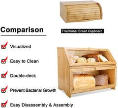 Double Layer Large Bread Box for Kitchen Counter, Wooden Large Capacity Bread Storage Bin Natural Bamboo