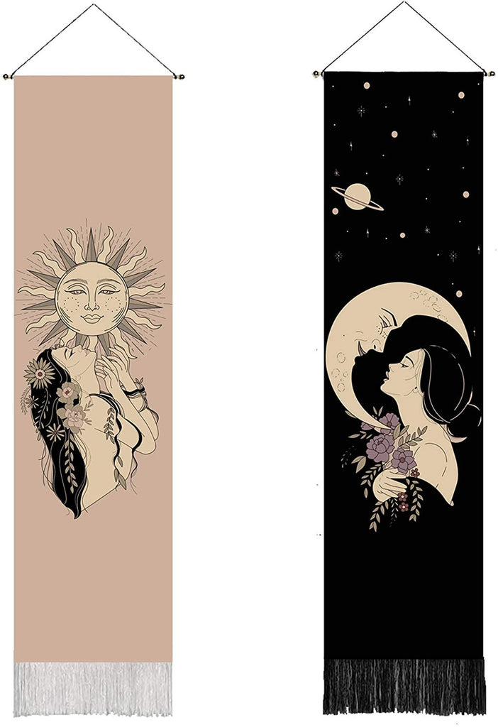 2 Pack Bohemian Sun & Moon Tapestry Wall Hanging Aesthethic Vertical Decor w/ Fringe 13x53