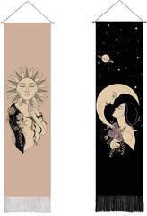 2 Pack Bohemian Sun & Moon Tapestry Wall Hanging Aesthethic Vertical Decor w/ Fringe 13x53