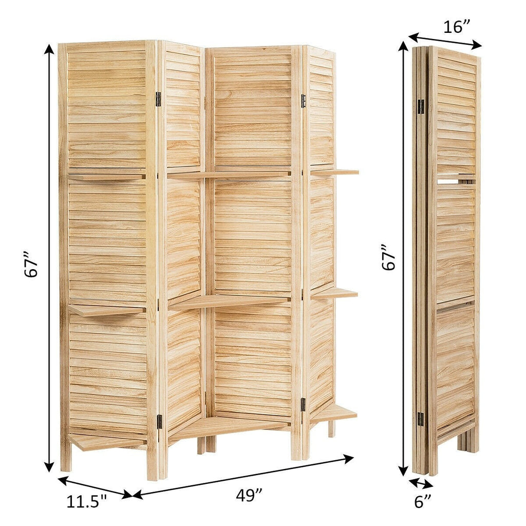 4 Panel Room Divider Folding Privacy Wooden Screen with Three Clever Shelf Portable Partition Screen Screen Wood for Home Office