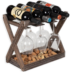 4 Bottle Solid Wood Tabletop Wine Bottle & Glass Rack in Torched Brown Bottle Holders and Stemware Racks