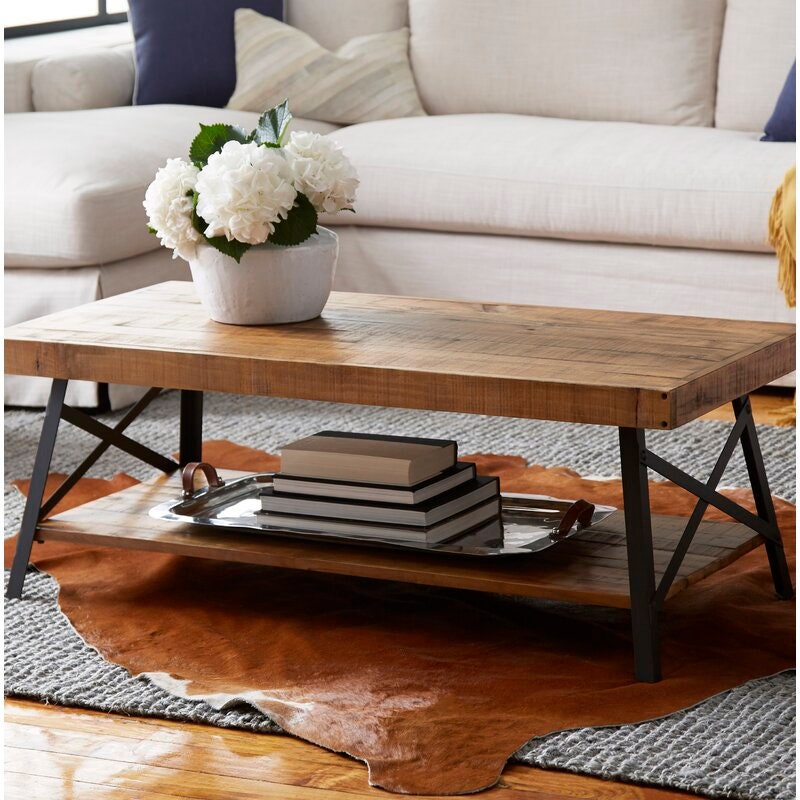 Natural Pine Brown Coffee Table with Storage Solid Pine Planked top Solid Steel with Angled Legs, Cross-Bracing