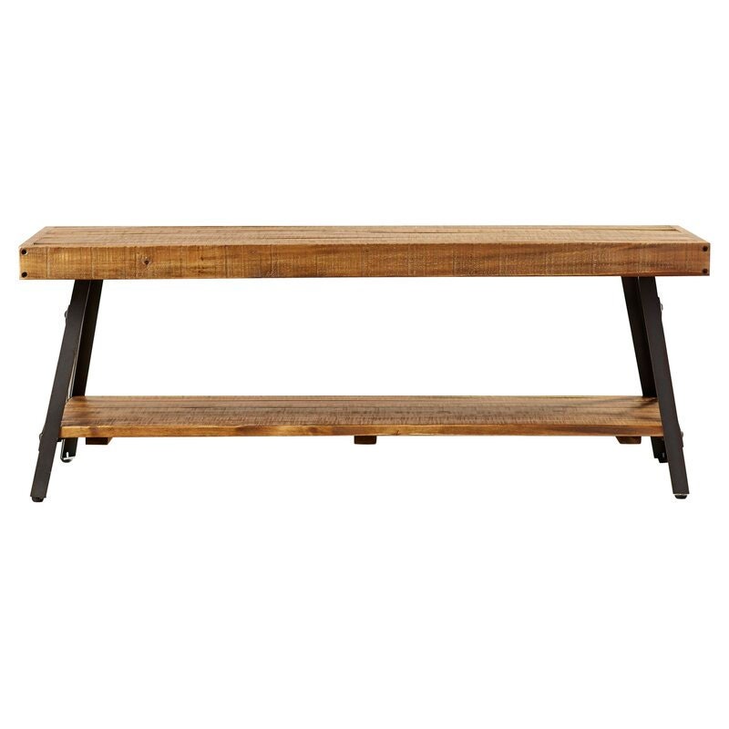 Natural Pine Brown Coffee Table with Storage Solid Pine Planked top Solid Steel with Angled Legs, Cross-Bracing