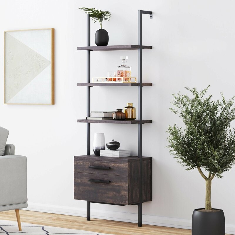 Steel Ladder Bookcase Vintage Wall-Mount Style Industrial Bookcase or Shelf with Drawers Metal Steel Frame Bookshelf Has Open Case