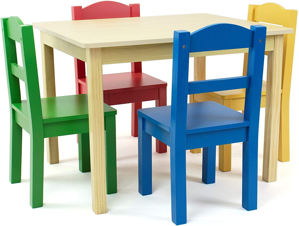 Includes Rectangular Table and 4 chairs Set Kids Wood Table Natural/Primary 4 Bright Colors