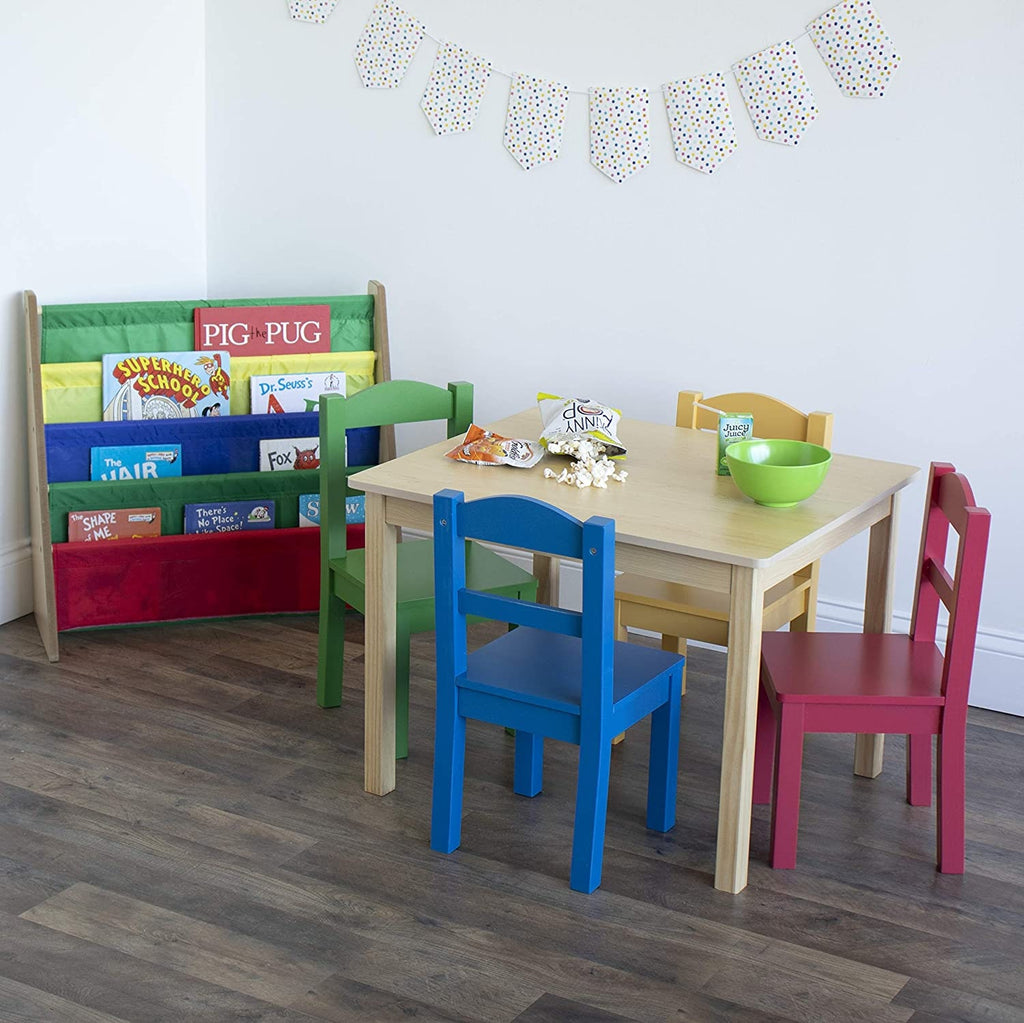 Includes Rectangular Table and 4 chairs Set Kids Wood Table Natural/Primary 4 Bright Colors