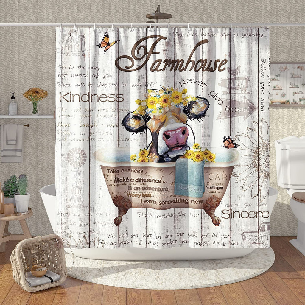 Funny Rustic Farmhouse Brown Cow Shower Curtain w/ Quotes Bathroom Decor Polyester 72x72"