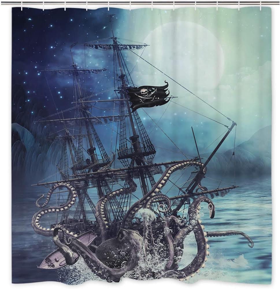 Octopus Shower Curtain Ocean Kraken Attack Nautical Pirate Ship Shower Curtain with 12 Hooks, Octopus Tentacles Sailboat Wave Mountain Under