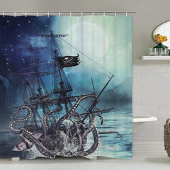 Octopus Shower Curtain Ocean Kraken Attack Nautical Pirate Ship Shower Curtain with 12 Hooks, Octopus Tentacles Sailboat Wave Mountain Under