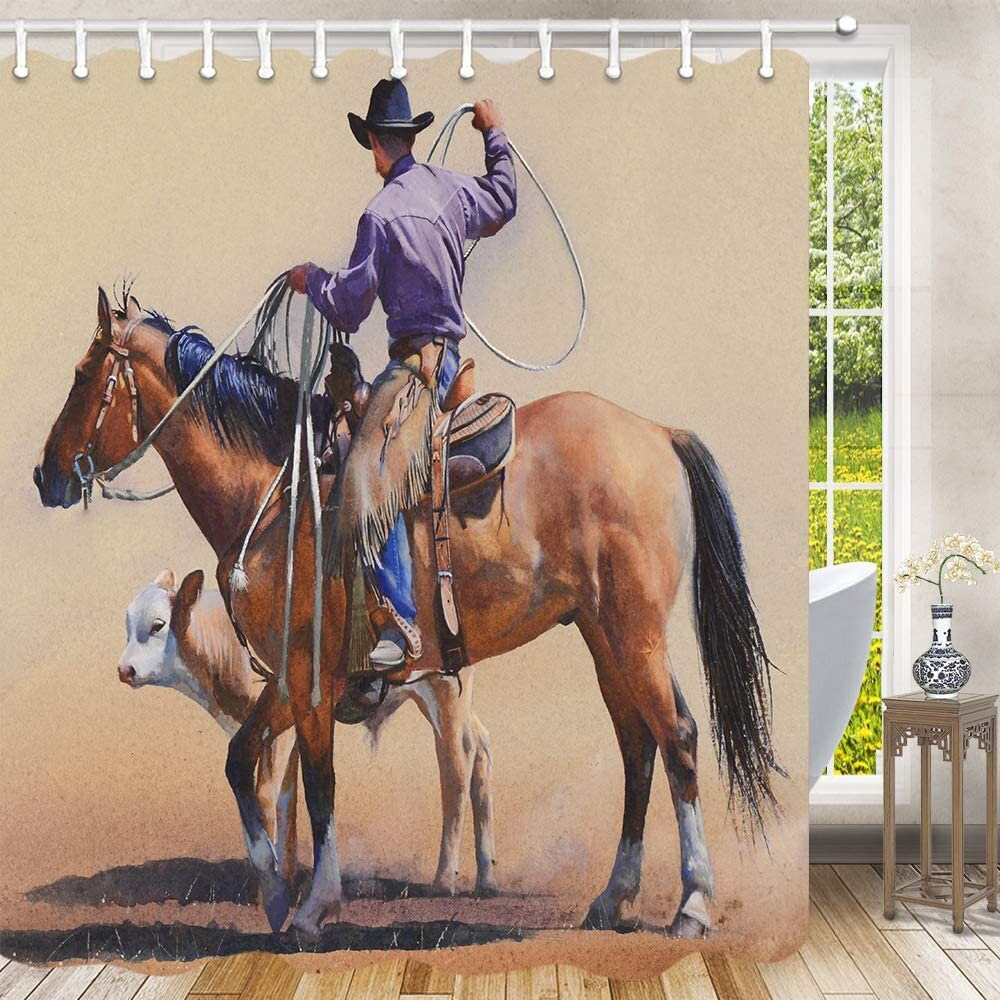 Shower Curtain for Bathroom, Western Cowboy Riding Horse Shower Curtain 69" X 70" in Fabric