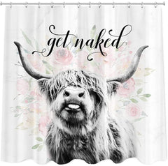 Get Naked Shower Curtain Farmhouse Highland Shower Curtain, Funny Animal Cattle Bull Cow Floral  72x72Inch Western Bathroom