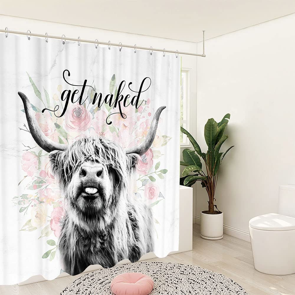 Get Naked Shower Curtain Farmhouse Highland Shower Curtain, Funny Animal Cattle Bull Cow Floral  72x72Inch Western Bathroom