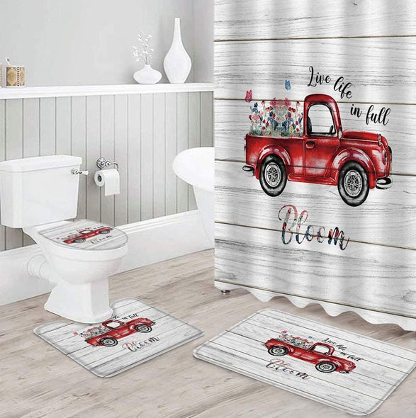 Farmhouse Shower Curtain Set With Non-Slip Rug, Toilet Lid Cover, Bath Mat Durable Waterproof 4Pcs