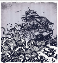 Ambesonne Nautical Shower Curtain, Kraken Octopus Tentacles with Ship Sail Old Boat in Ocean Waves, Cloth Fabric Bathroom Decor Set with Hoo