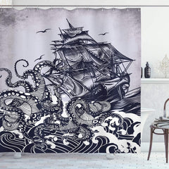 Ambesonne Nautical Shower Curtain, Kraken Octopus Tentacles with Ship Sail Old Boat in Ocean Waves, Cloth Fabric Bathroom Decor Set with Hoo