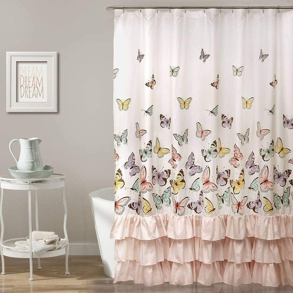 Lush Decor, Pink Flutter Butterfly Shower Curtain | Textured Ruffle Print Fabric Bathroom 72x72in