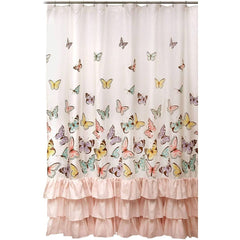 Lush Decor, Pink Flutter Butterfly Shower Curtain | Textured Ruffle Print Fabric Bathroom 72x72in