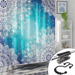 72" Blue Mandala Shower Curtain w/ 12 Rust-Resistant Metal Double Glide Shower Hooks