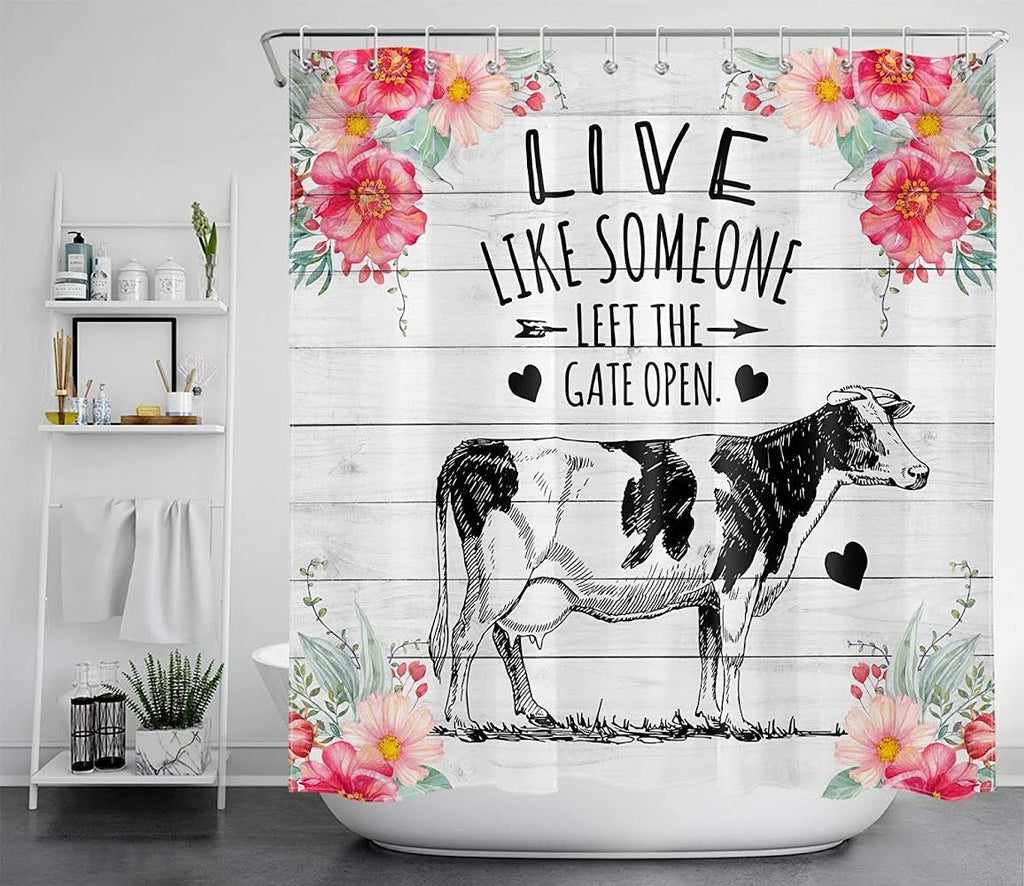 Farmhouse Cow Shower Curtain Funny Cow with Pink Flowers Inspirational Quotes on Rustic Wood Country Style Shower Curtain for Bathroom, 69x7