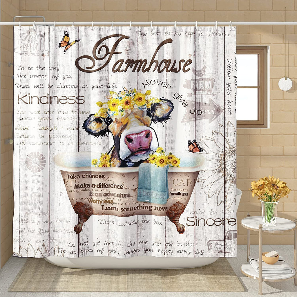 Cow Shower Curtain Farmhouse Wood Rustic Shower Curtains for Bathroom Polyester 72x72 Inch Machine Wash