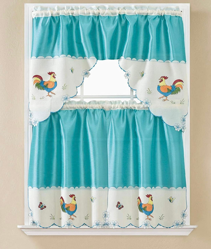 DiamondHome 3 Piece Turquoise with Embroidery Rooster Kitchen Café Curtain Window Treatment Tier and Valance Set (Turquoise/Rooster)