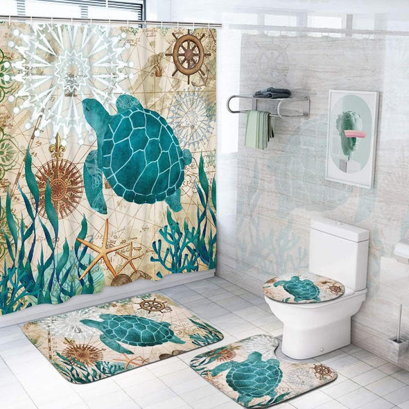 Sea Turtle Shower Curtain Sets with Non-Slip Rugs, Toilet Lid Cover and Bath Mat, Nautical Ocean Shower Curtains with 12 Hook s, Durable Wat