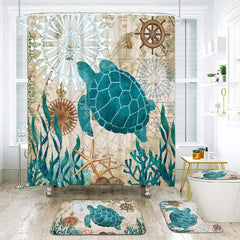 Sea Turtle Shower Curtain Sets with Non-Slip Rugs, Toilet Lid Cover and Bath Mat, Nautical Ocean Shower Curtains with 12 Hook s, Durable Wat